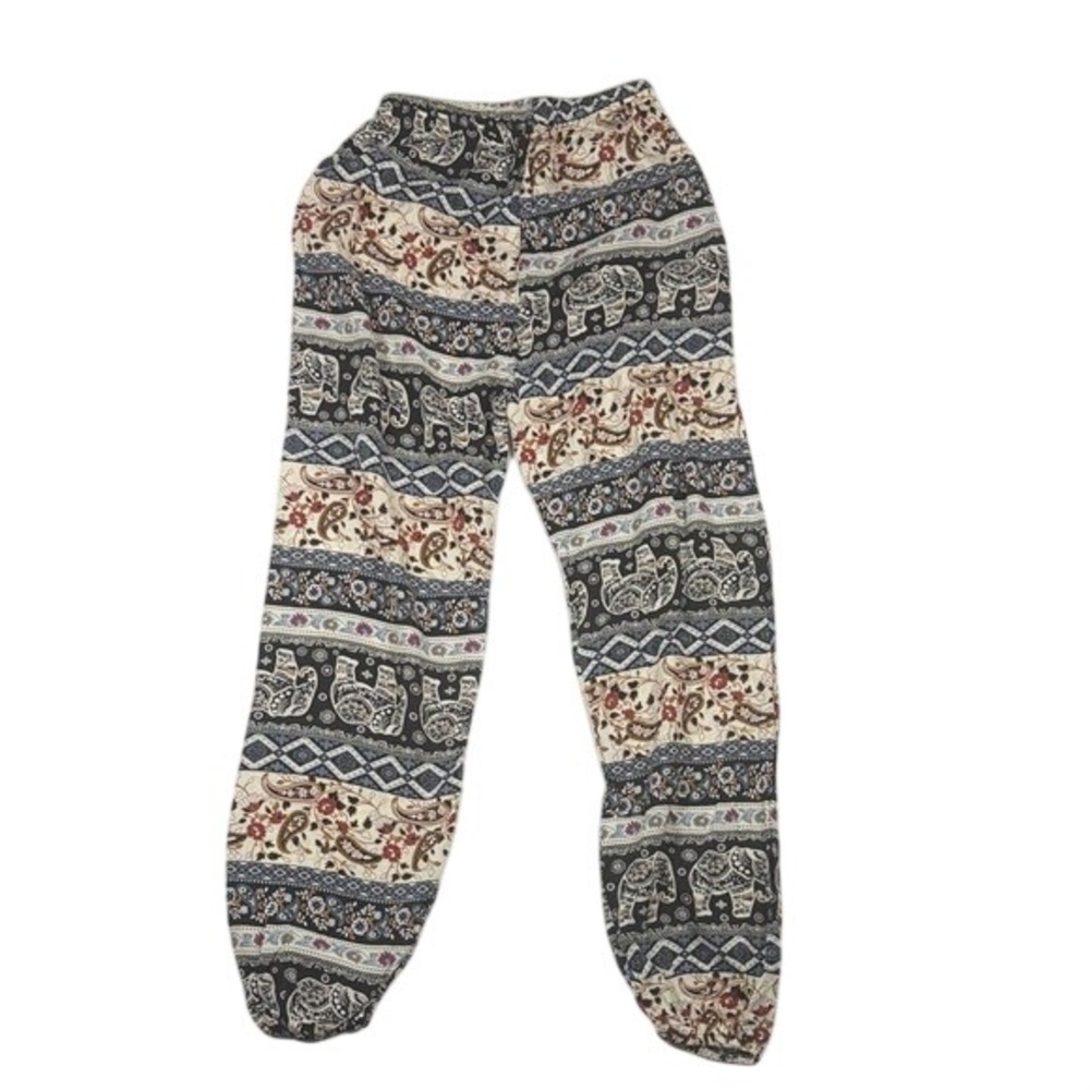 Boho Elephant Paisley Print Harem Pants Black Cream Elastic Waist Joggers Womens - Picture 3 of 8